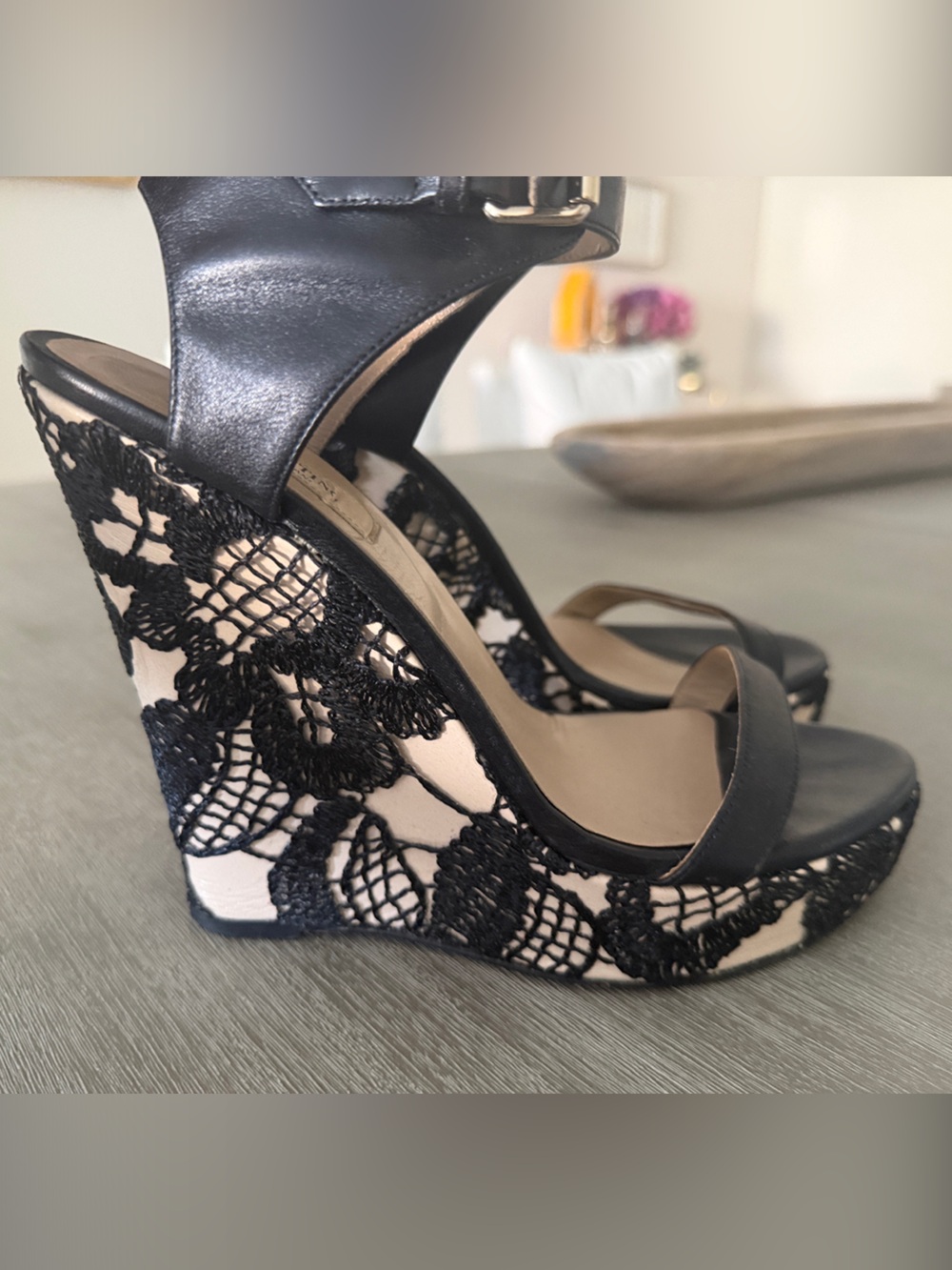 Valentino Garavani Black Lace-Trim Wedge Sandals with Cream Base